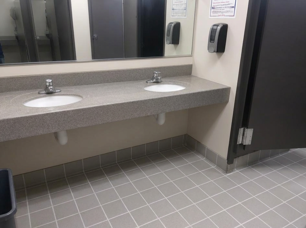 Commercial restroom spotless after sanitation cleaning